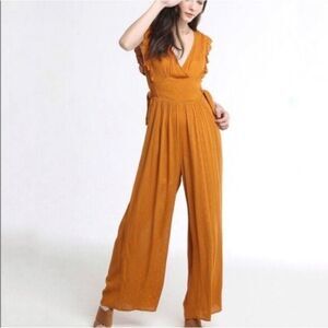 Patrons‎ of Peace Goldenrod Yellow Gold Rayon Ruffle Floral Jumpsuit Size Medium